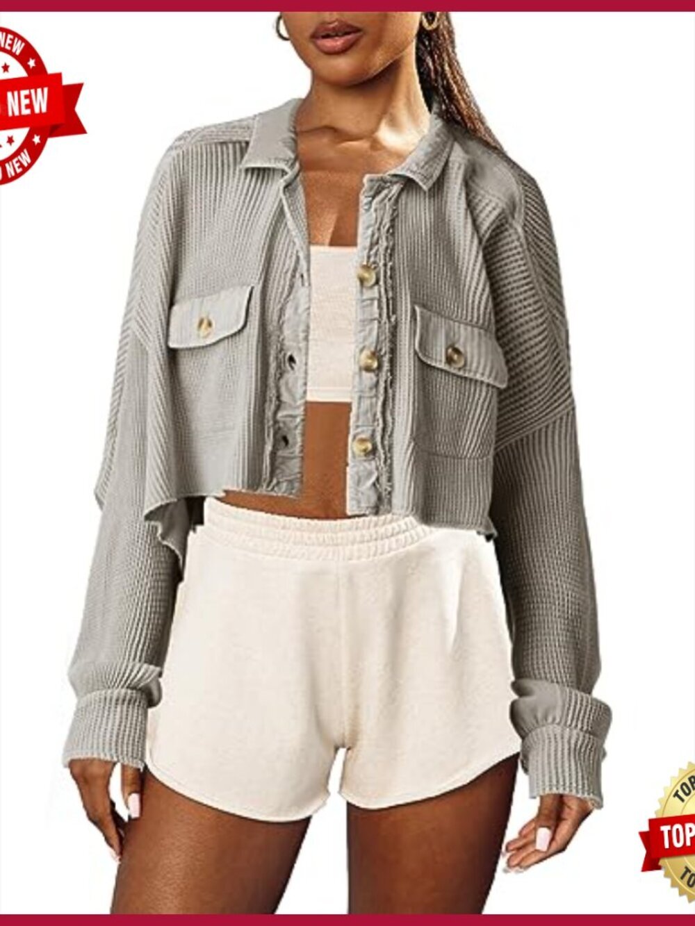 Cropped Waffle Knit Shacket Batwing Sleeve Button Down Jacket with Pocket - Picture 3 of 6